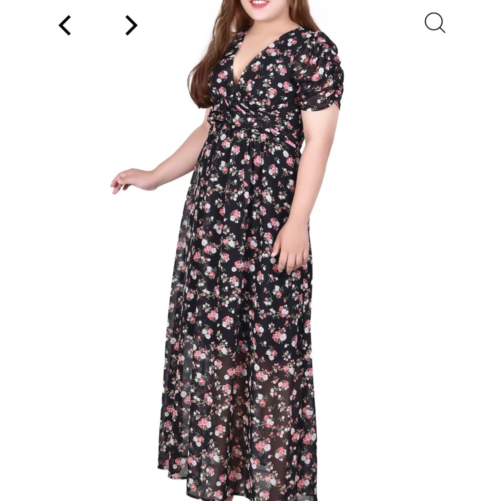 Plus Size Short Sleeve Rouched Bodice Chiffon Maxi Dress